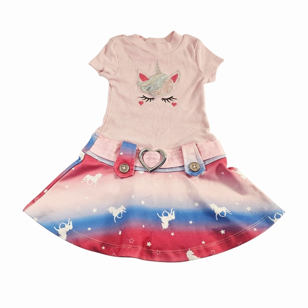 Lilt Toddler Girl 3T Pink Unicorn Dress Belt Heart Buckle Ombre Star Flare